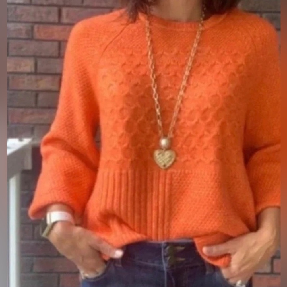 CABI #4038 Harvest cable knit hunter orange cotton woman balloon sleeve sweater - Picture 3 of 15